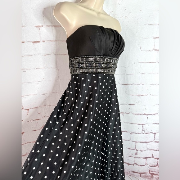 Jeweled Strapless Lace-Up Back Black and White Polka Dot Maxi Dress Size Small - Picture 3 of 16